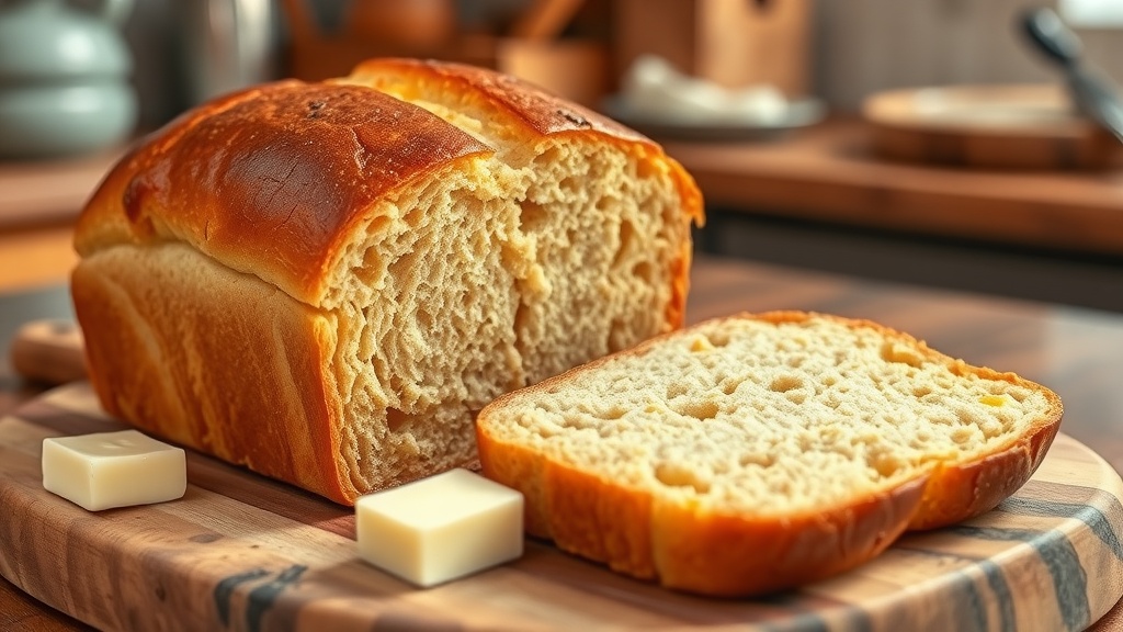 Classic Anadama Bread Recipe Golden crusted Anadama Bread loaf sliced on a wooden board with butter.